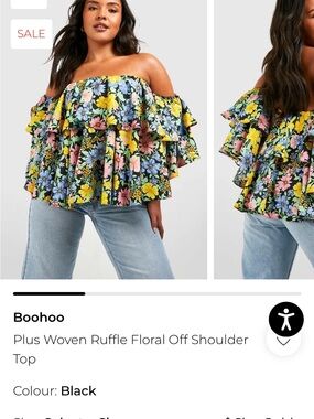 Boohoo Plus Black Floral Ruffle Off-Shoulder Top